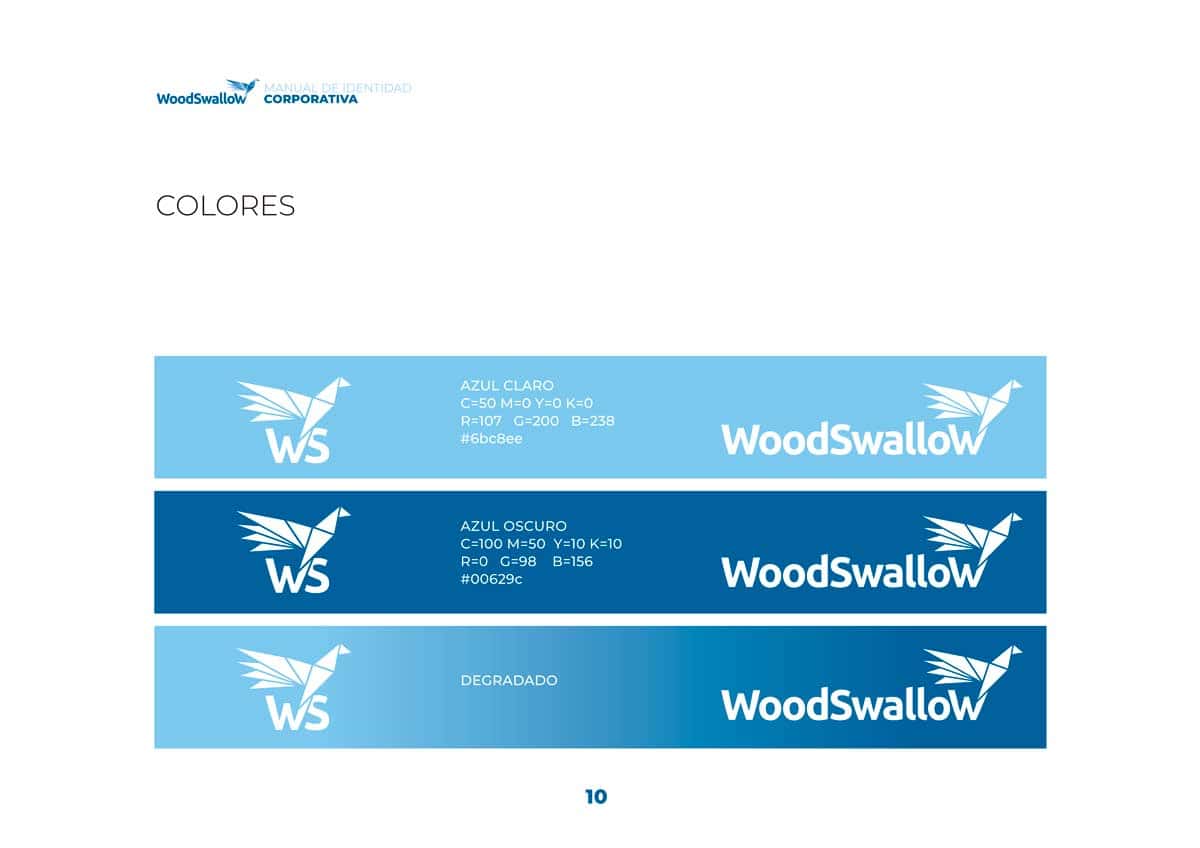Página del manual de imagen corporativa de Woodswallow donde se muestra el logotipo y los colores