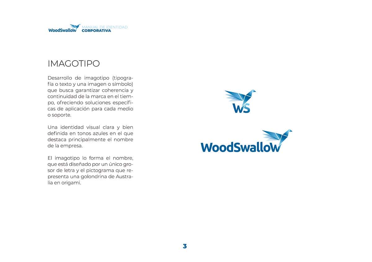 Página del manual de imagen corporativa de Woodswallow donde se muestra el logotipo