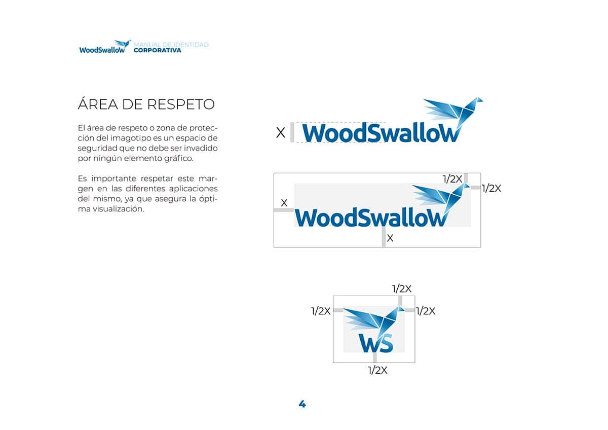 Página del manual de imagen corporativa de Woodswallow donde se muestra el logotipo y su área reservada